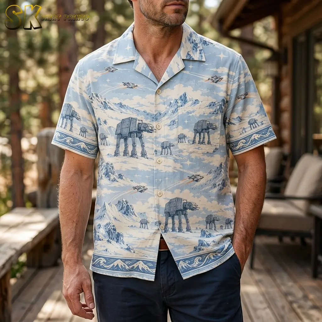 A man wears a light blue Star Wars Hawaiian shirt with dark pants on a wooden porch, with large walker illustrations across the front.
