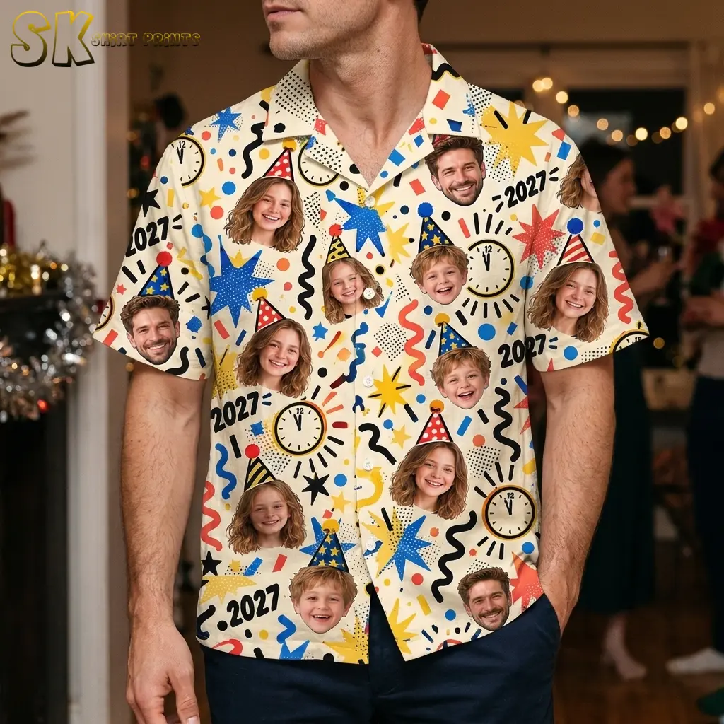 A man wears a cream short-sleeve button-up shirt with smiling portrait cutouts and 2027 graphics at an indoor party.