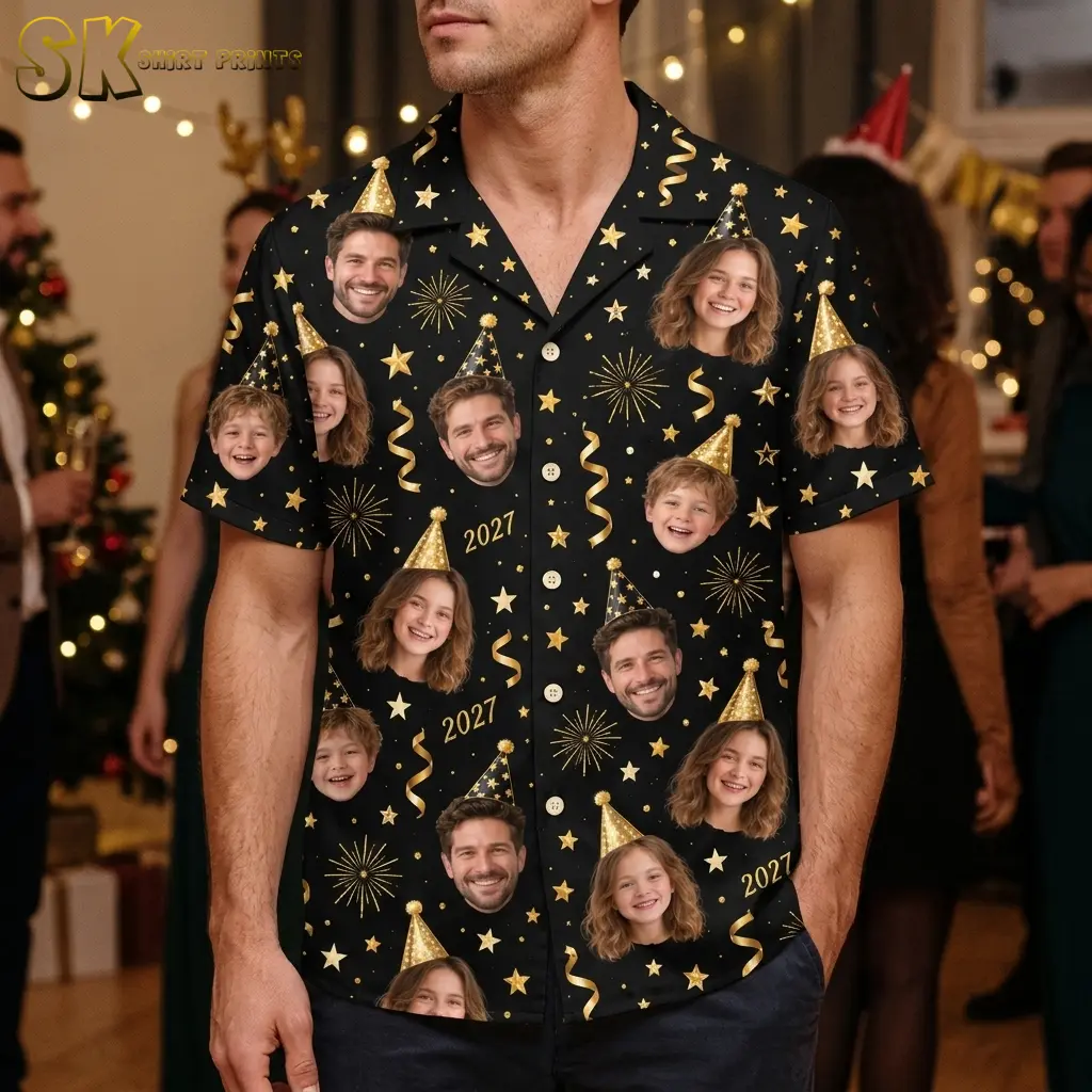 A man wears a black short-sleeve button-up shirt with smiling face cutouts and gold New Year motifs at an indoor gathering.