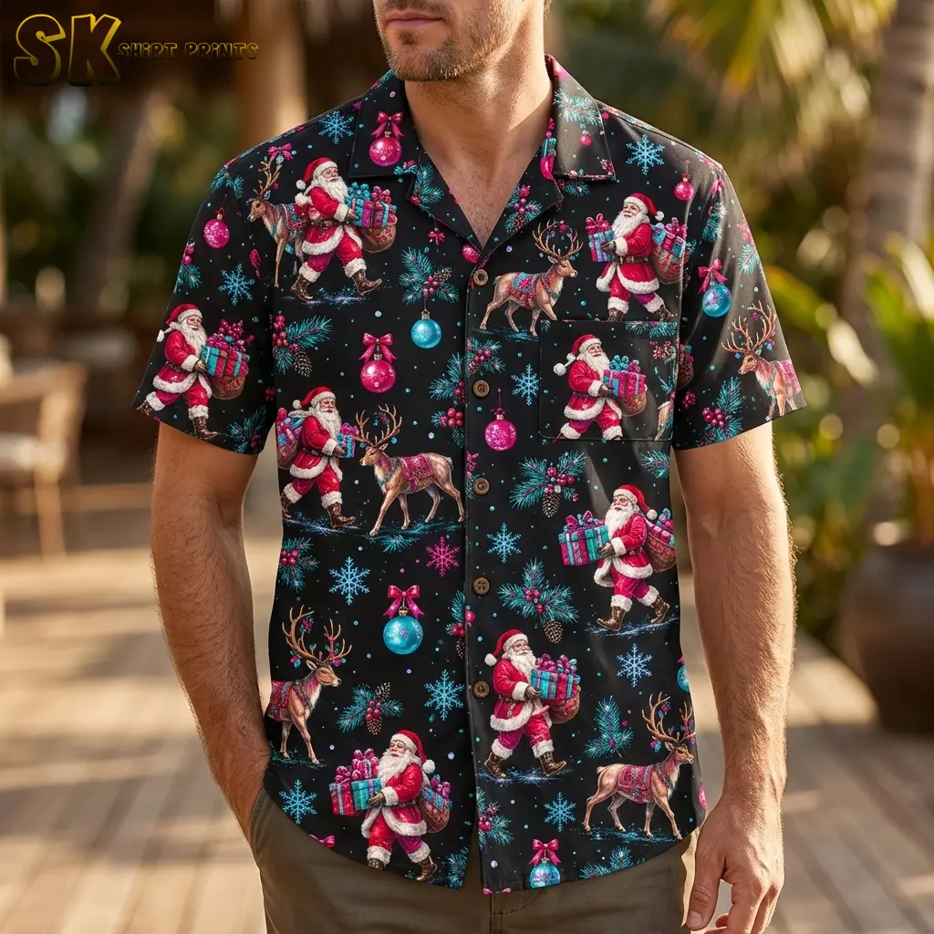 A man outdoors wears a black Santa aloha shirt with gift-carrying Santas and reindeer, paired with olive-colored pants.