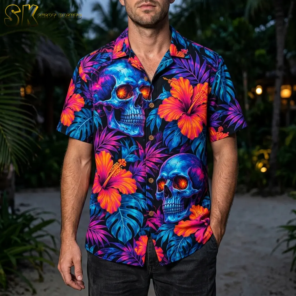 A man wears a skull-print Hawaiian shirt with dark pants outdoors, with a large blue skull prominently displayed on the chest.