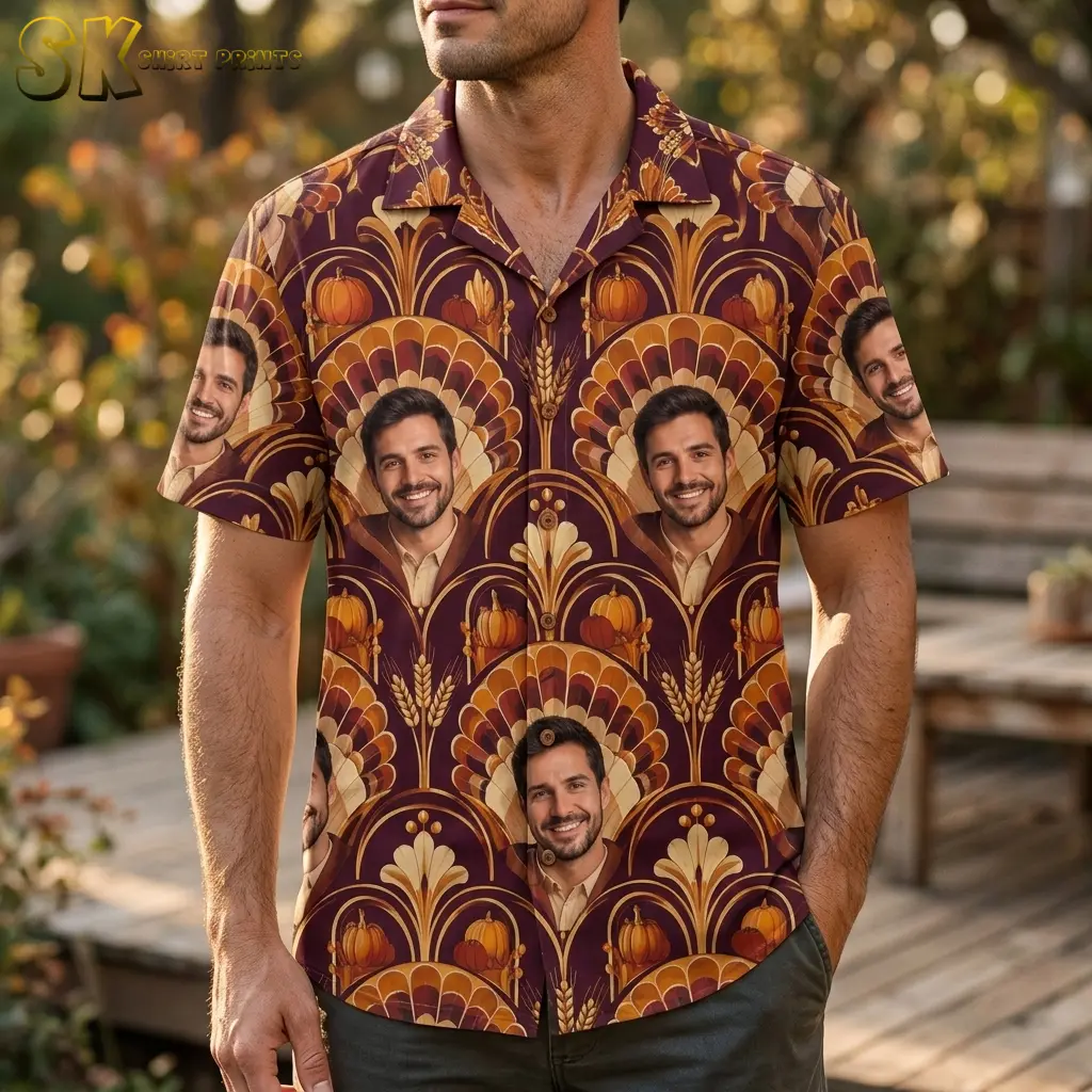 A man wears a burgundy Thanksgiving Hawaiian shirt with large smiling portraits and orange fan-shaped frames on a wooden deck.