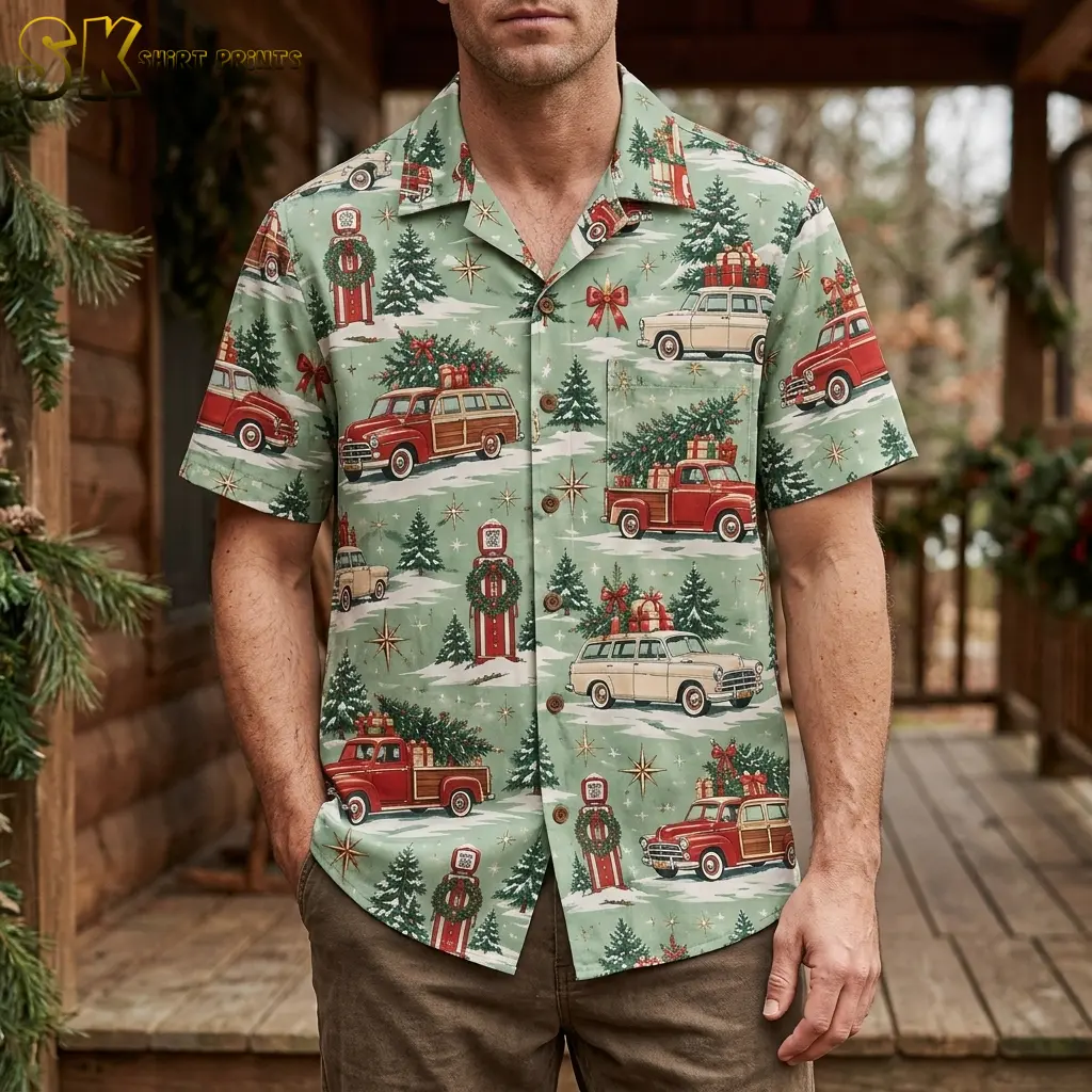 A man stands on a wooden cabin porch wearing the mens christmas hawaiian shirt, with the vintage red woody wagon and evergreen tree print clearly visible across the chest.
