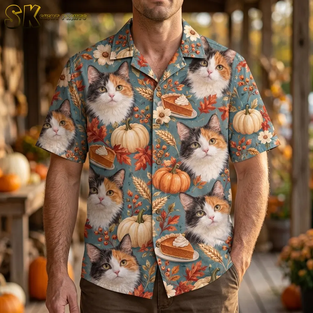 A man wears a blue Thanksgiving Hawaiian shirt for men with oversized calico cat faces and pumpkins, paired with brown pants on a porch.