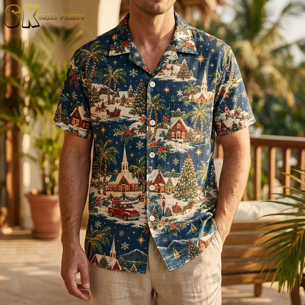 A man standing on a sunny outdoor terrace wearing a mens christmas hawaiian shirt, with the snow-covered church steeple and red vintage truck motifs clearly visible across the chest.