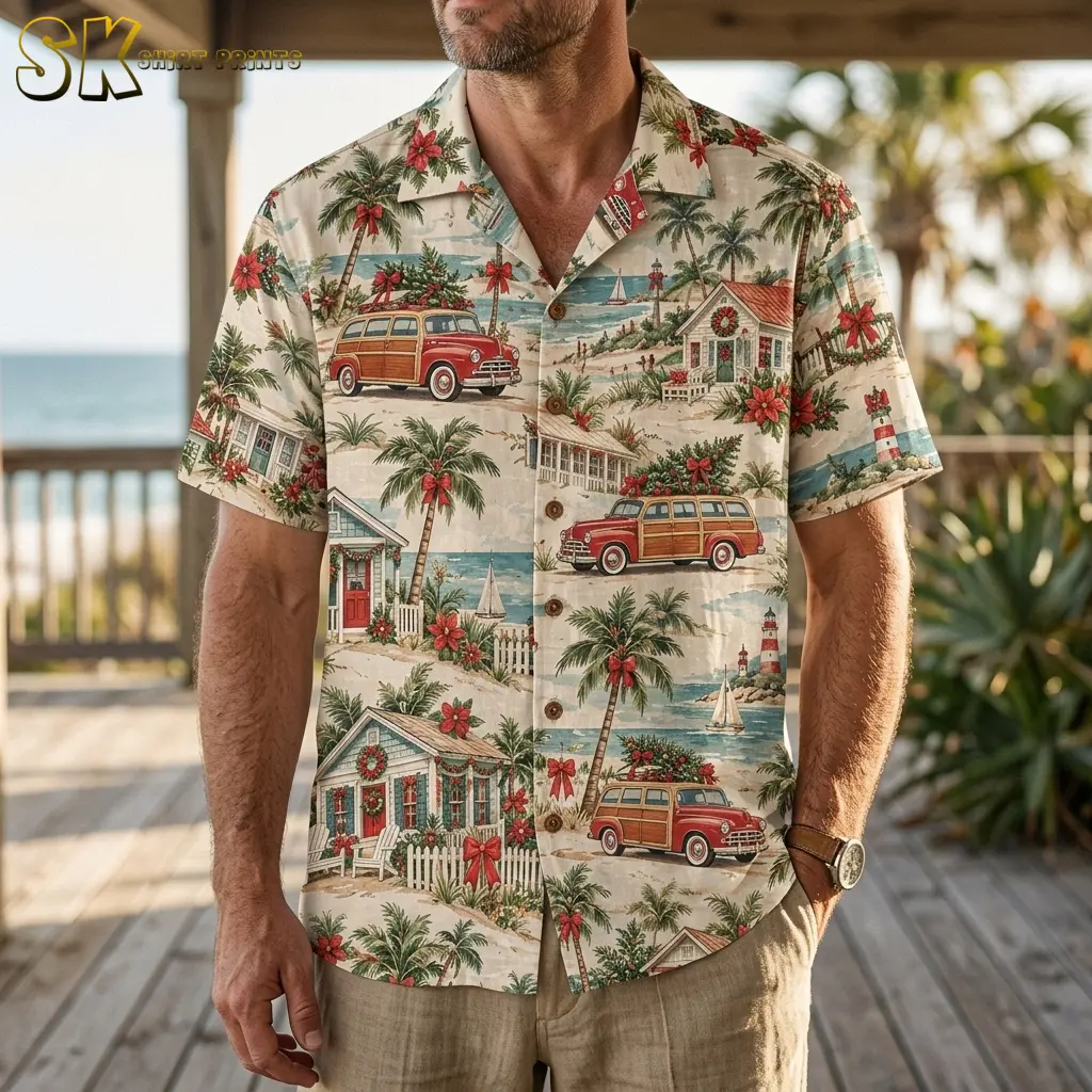 A man wears a cream short-sleeve Christmas Hawaiian shirt with red woodie cars and decorated cottages on a deck overlooking the water.