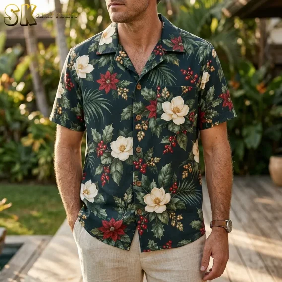 A man wearing a mens christmas hawaiian shirt stands outdoors among tropical greenery, with red poinsettias and white magnolias clearly visible across the chest and shoulders.