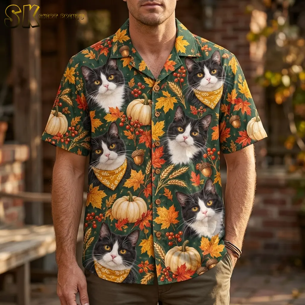 A man wears a dark green Thanksgiving Hawaiian shirt with large tuxedo cat faces and pumpkins, paired with brown pants.