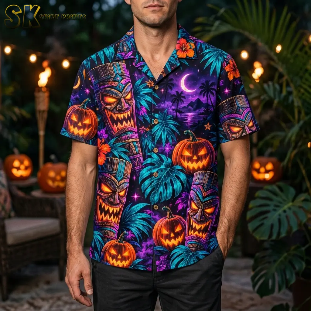 A man wears a Halloween Hawaiian shirt with large tiki faces and pumpkins on a patio decorated with glowing jack-o'-lanterns.