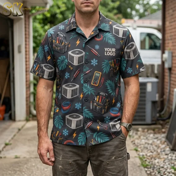 A man standing in a residential backyard wears a dark charcoal logo Hawaiian shirt printed with HVAC condensing units, tool bags, and lightning bolts, with a 'YOUR LOGO' placeholder visible on the left chest.