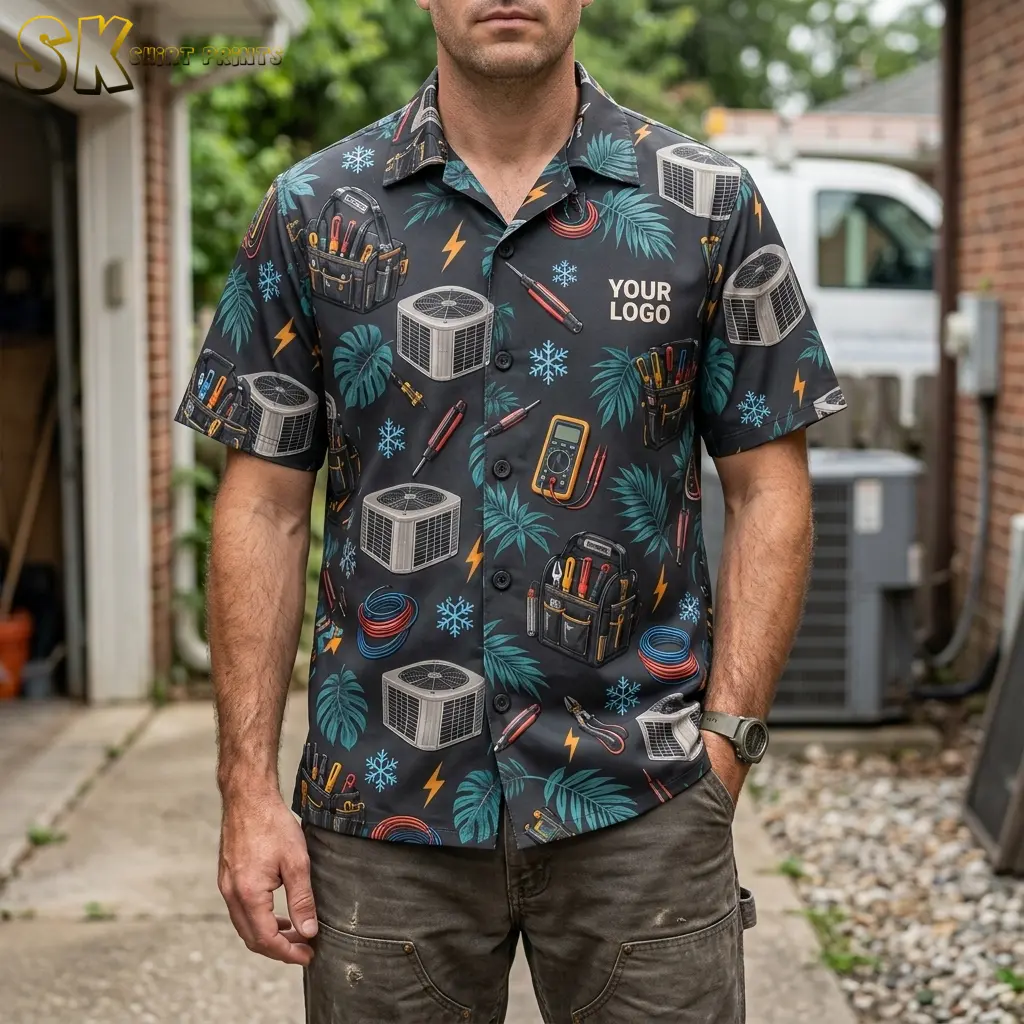 A man standing in a residential backyard wears a dark charcoal logo Hawaiian shirt printed with HVAC condensing units, tool bags, and lightning bolts, with a 'YOUR LOGO' placeholder visible on the left chest.