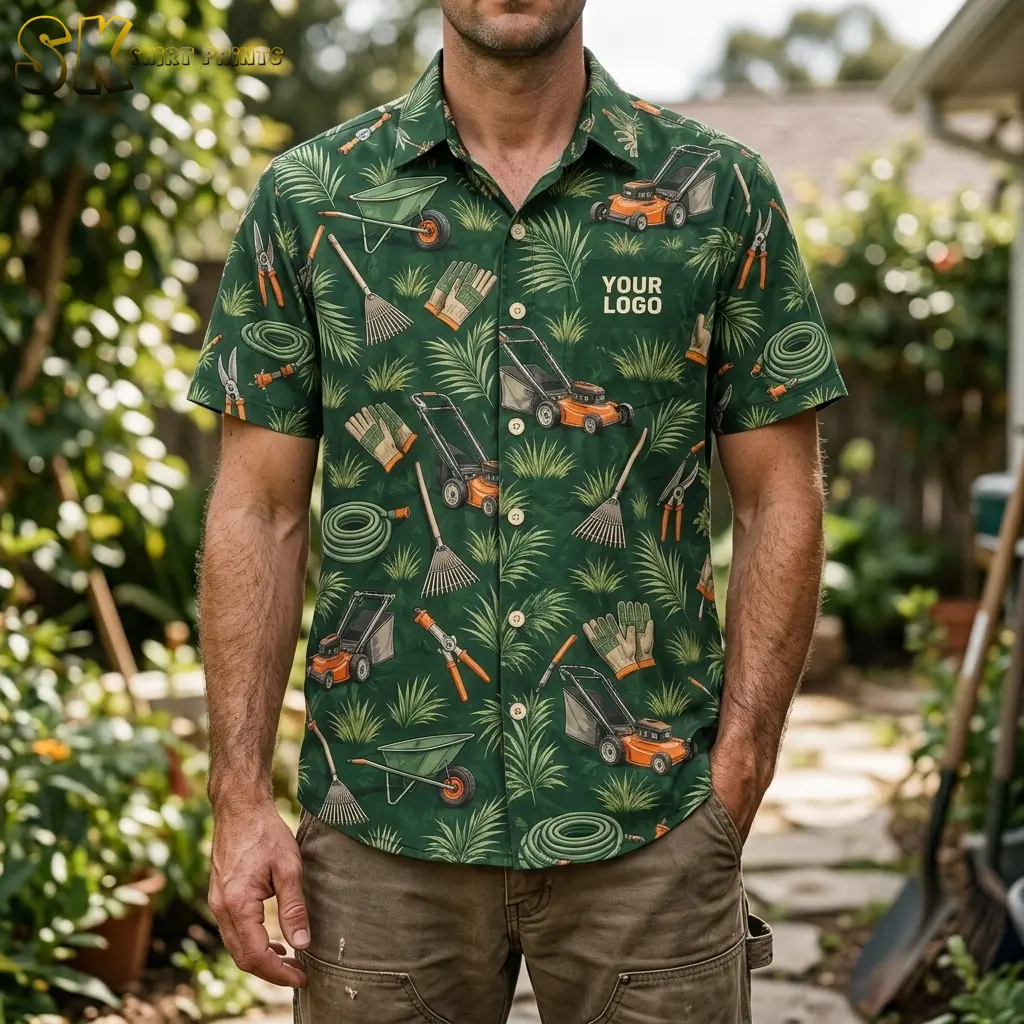 A man standing in a lush backyard garden wearing a dark green custom Hawaiian shirt with your logo printed on the left chest, surrounded by orange lawn mower and garden tool motifs across the fabric.