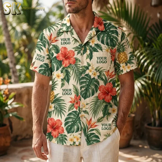 A man wearing a custom Hawaiian shirt with your logo text woven into the tropical print stands in a lush outdoor setting with palm trees behind him.