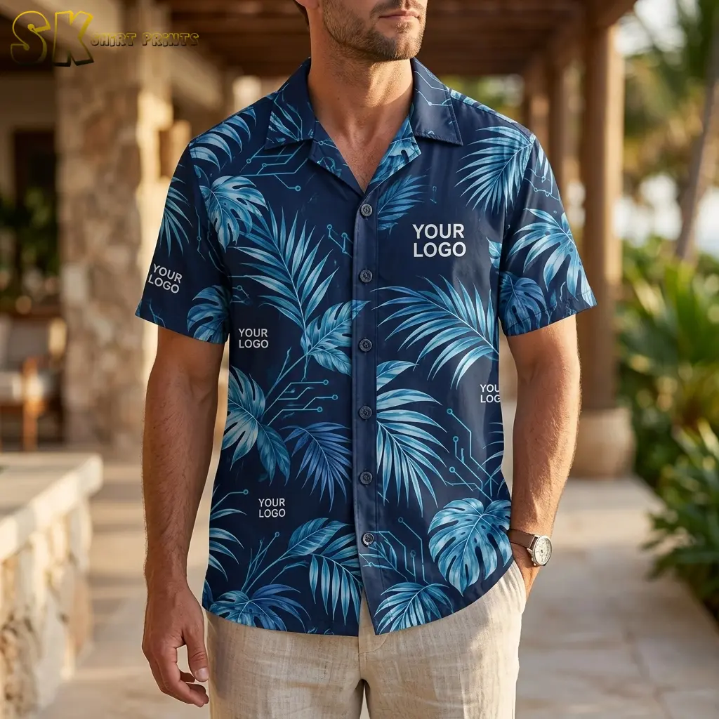 A man wearing the navy palm-frond Hawaiian shirt stands outdoors at a covered patio, with the chest logo placement and circuit-node details clearly visible at close range.