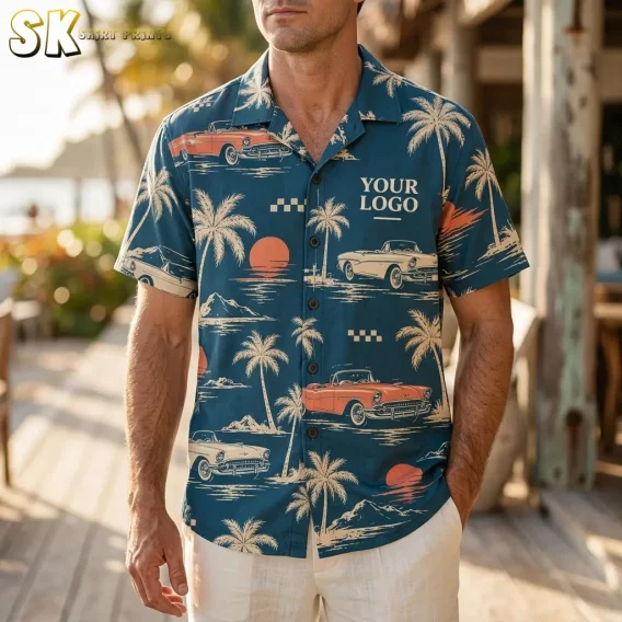 A man wearing a logo hawaiian shirt with a vintage convertible car and palm tree print, standing on a wooden deck with a blurred outdoor background.