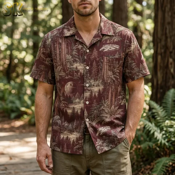 A man stands on a wooded path wearing a maroon short-sleeve shirt with beige tree and spacecraft illustrations.