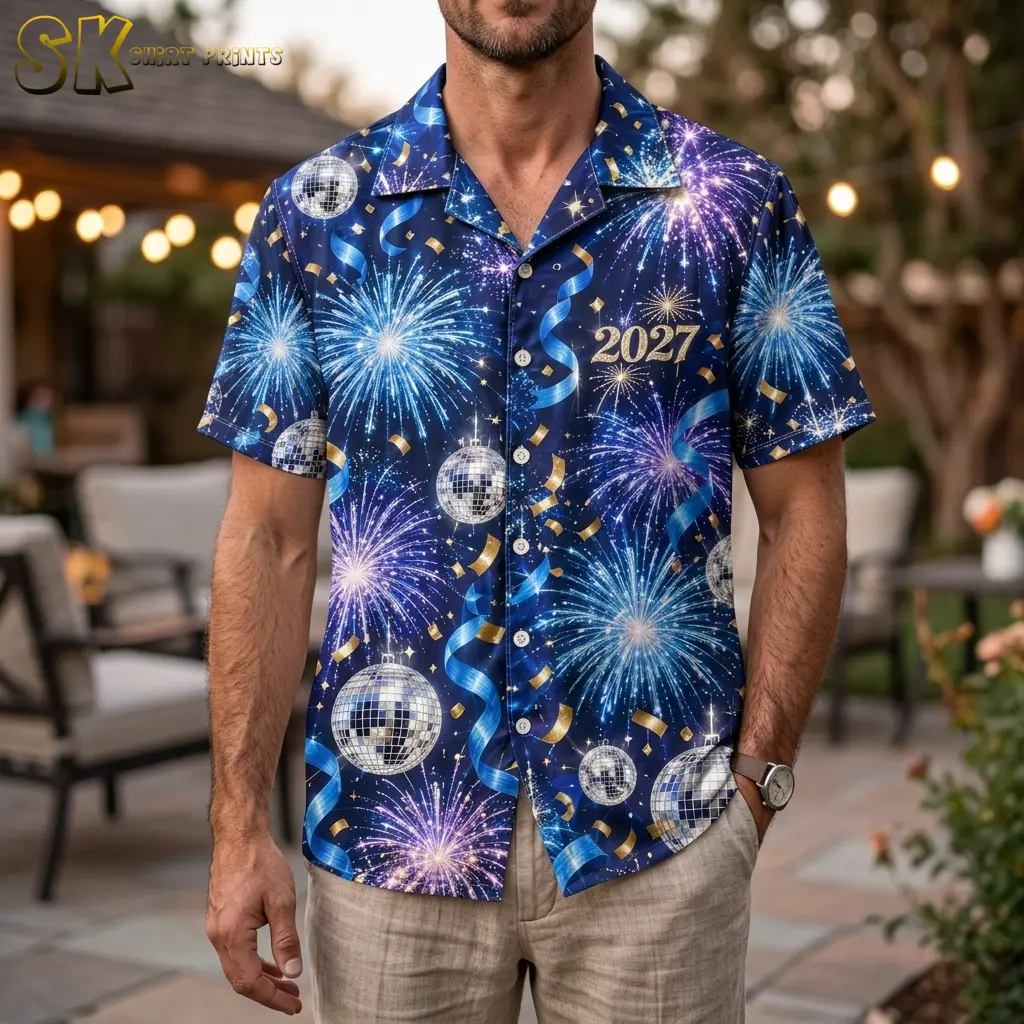 A man wears a navy short-sleeve button-up shirt with blue fireworks and gold “2027” chest lettering on an outdoor patio.