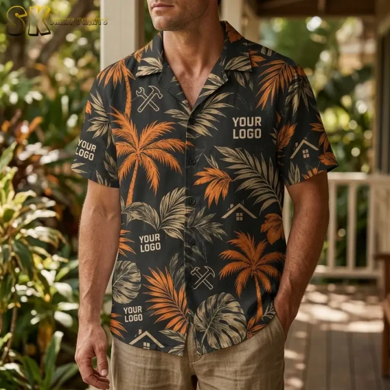 A man wearing a black button-up Hawaiian shirt with orange palm fronds and 'YOUR LOGO' text printed across the chest and left sleeve, standing on a shaded porch surrounded by tropical greenery.