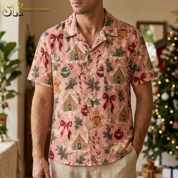 A man wearing a mens christmas hawaiian shirt indoors near a decorated Christmas tree, with gingerbread houses and red bows clearly visible across the chest.