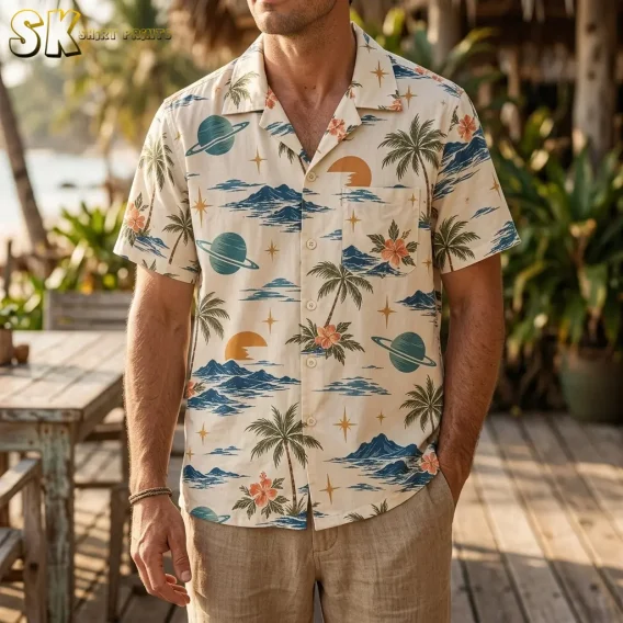 A man wears a cream button-up shirt with ringed planets and palm trees, paired with tan shorts on a wooden deck.