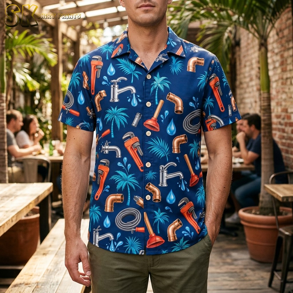 A man wearing logo hawaiian shirts with an all-over plumbing tools pattern stands in an open-air restaurant surrounded by tropical plants.