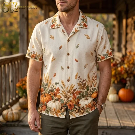 A man wears a cream Thanksgiving Hawaiian shirt with a pumpkin border and olive pants on a porch decorated with pumpkins.