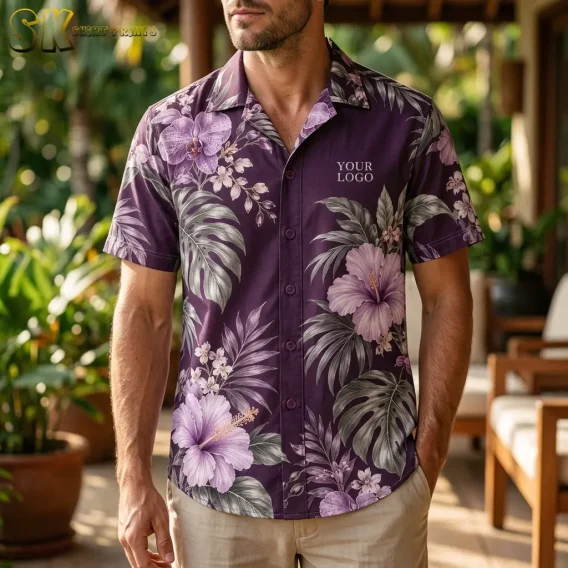 A man standing outdoors in a lush garden setting wears a deep purple logo hawaiian shirt with large hibiscus blooms and a 'YOUR LOGO' placeholder printed on the left chest.