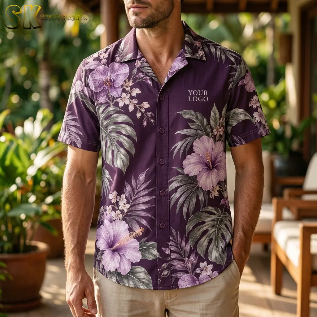 A man standing outdoors in a lush garden setting wears a deep purple logo hawaiian shirt with large hibiscus blooms and a 'YOUR LOGO' placeholder printed on the left chest.