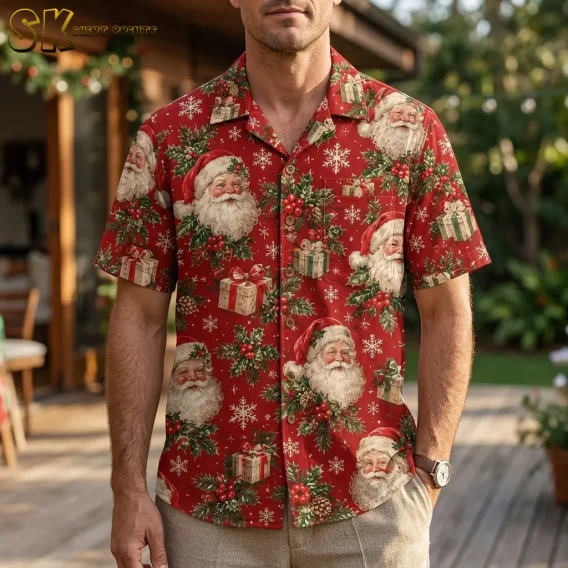 A man wears a red Santa Claus Hawaiian shirt with beige pants on a wooden deck.