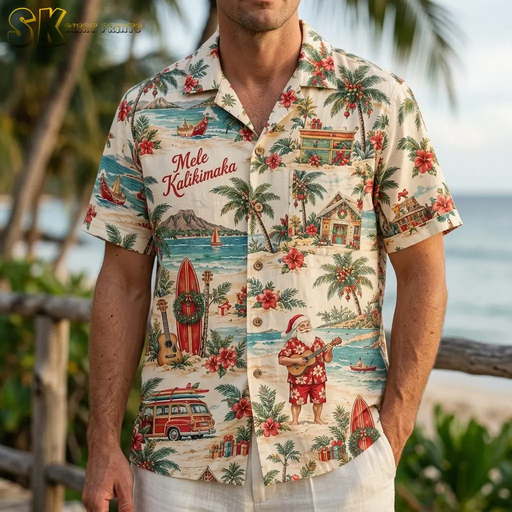 A man wears a cream Christmas Hawaiian shirt with light shorts beside the beach, with ukulele-playing Santa artwork visible on the front.