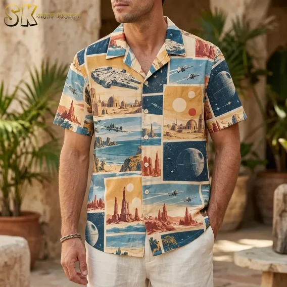 A man wearing a men's star wars hawaiian shirt stands on a sun-lit outdoor patio, the retro panel print showing the Millennium Falcon and Death Star clearly across the chest and pocket area.