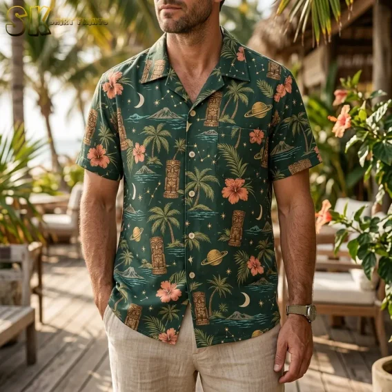 A man wearing a dark green Hawaiian shirt with tiki statues and palm trees stands on a wooden deck surrounded by tropical foliage, with the chest pocket and button placket clearly visible.