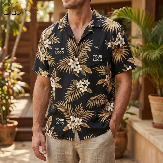 A man wearing a black logo hawaiian shirt with a golden palm leaf and cream plumeria print stands outdoors in a lush garden setting, with 'YOUR LOGO' text visible across the chest.