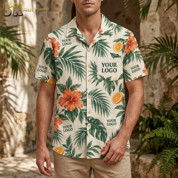A man wearing the cream tropical shirt outdoors, with 'Your Logo' text repeated across the chest, pocket, and sleeves to indicate available custom logo positions.