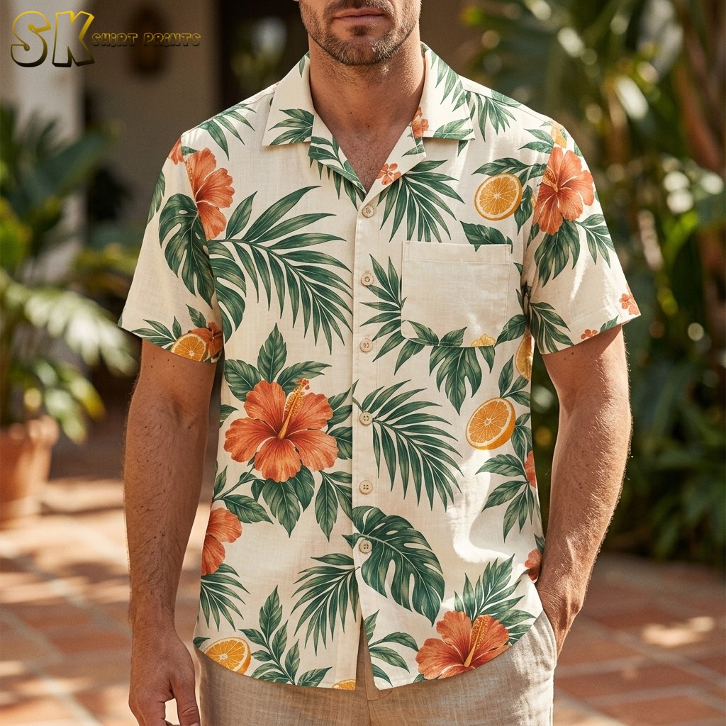 A man wearing the cream hibiscus-print shirt stands in an open courtyard, showing how the large-scale orange floral and citrus motifs fall across the chest and sleeves on a male frame.