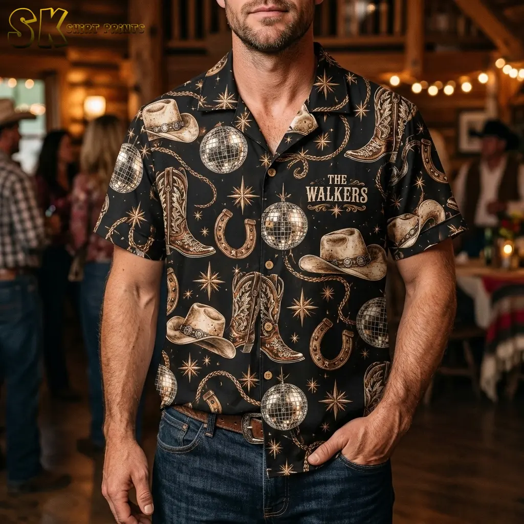 A man wears a black button-up shirt with “THE WALKERS” on the chest and cowboy boot and disco ball graphics indoors.