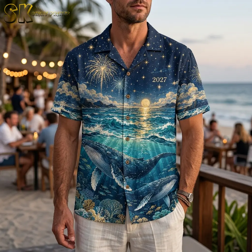 A man wears the navy whale-print button-up shirt with white pants on a beachside terrace with string lights.