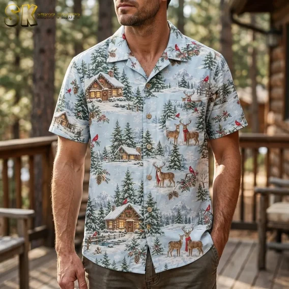 A man wears a light blue Hawaiian Christmas shirt on a wooden porch, with snowy cabin artwork and scarf-wearing deer on the chest pocket.