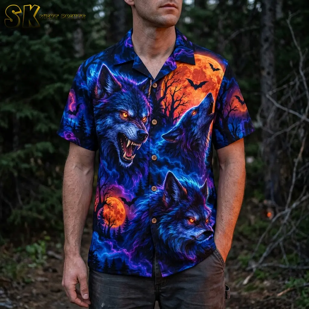 A man stands among trees wearing a short-sleeve wolf print shirt with an orange moon across the upper chest.