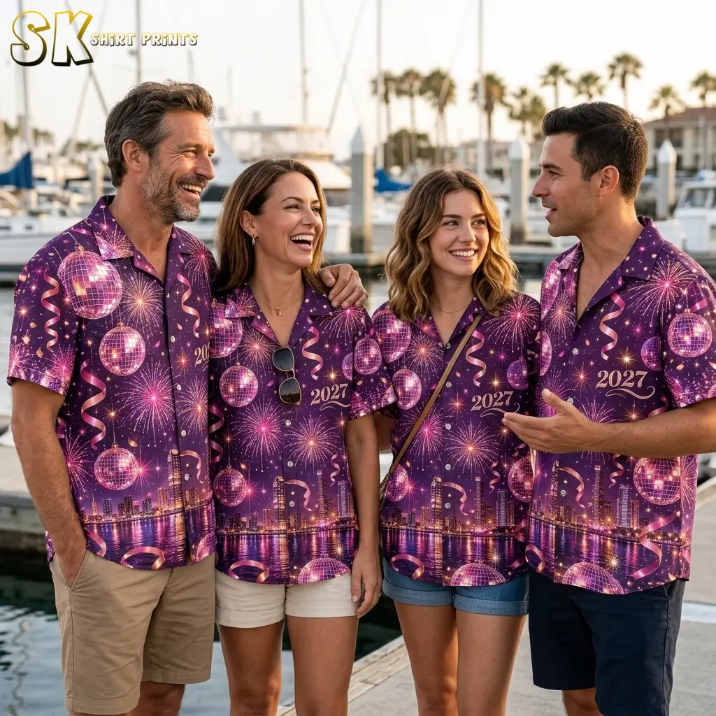 Four adults wear matching New Year's shirts with purple disco ball and fireworks prints while standing beside boats at a marina.