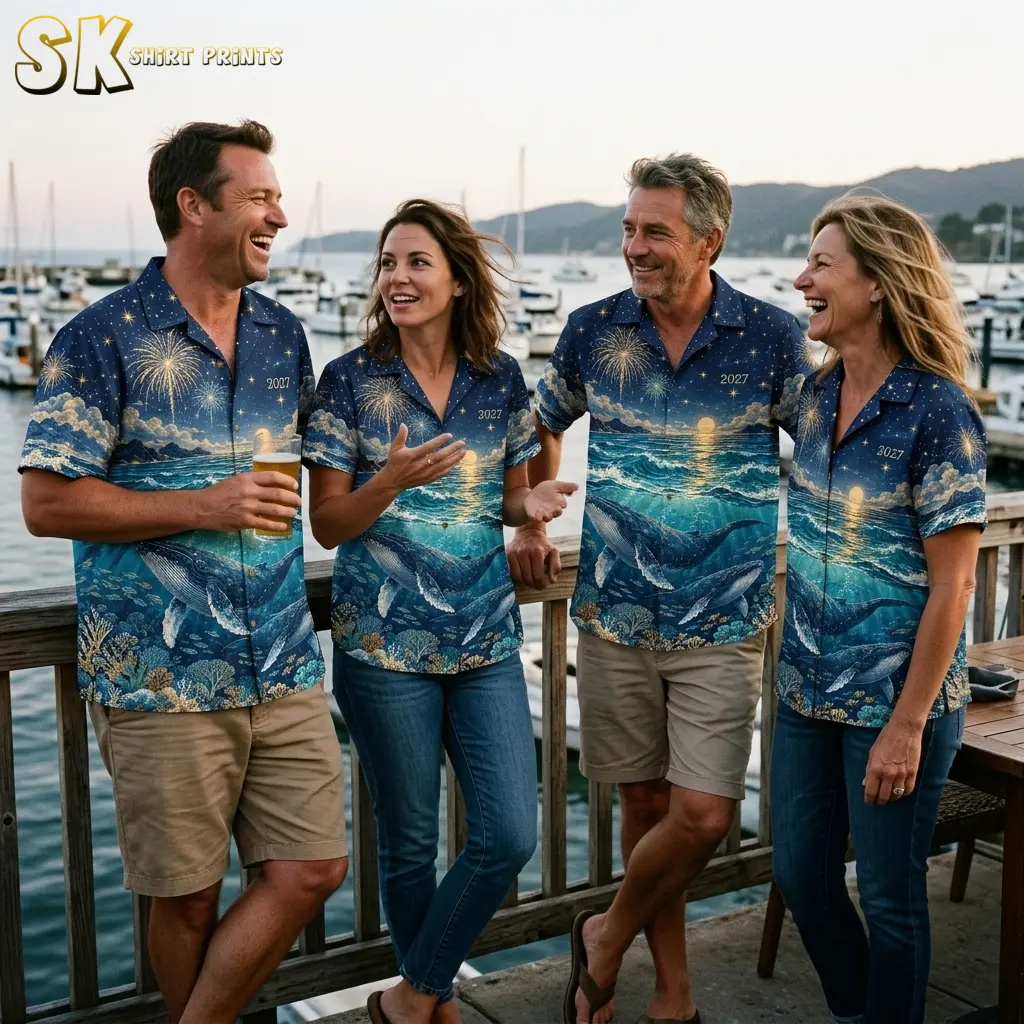 Four adults chat beside a marina railing in matching navy shirts featuring whales beneath ocean waves and fireworks.