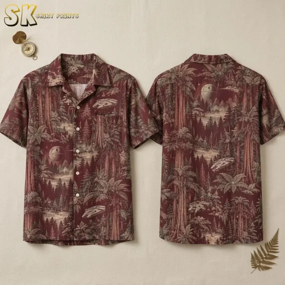A maroon Star Wars Hawaiian shirt is laid flat front and back, showing beige forest scenes, spacecraft, and spherical space stations.