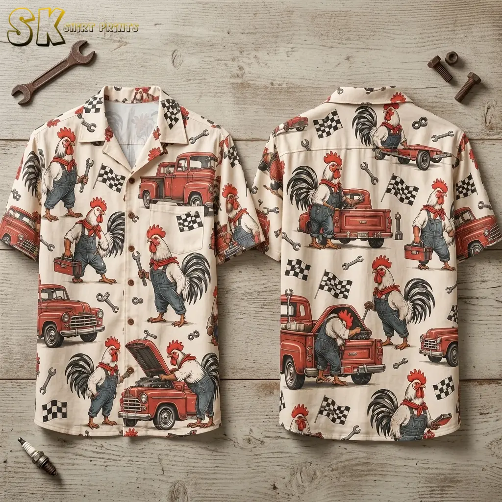 A cream rooster Hawaiian shirt is displayed front and back on a wooden surface, with mechanic roosters and red pickup trucks.