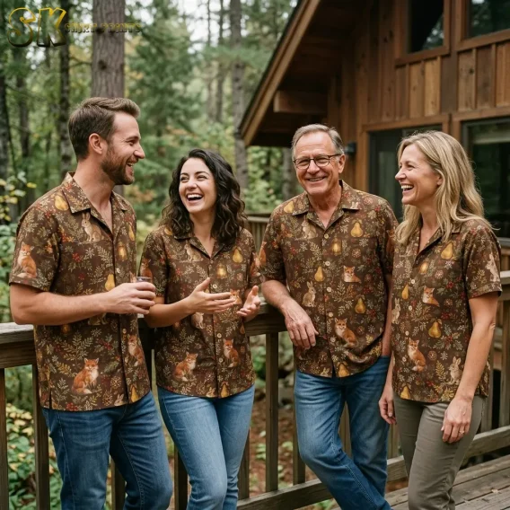 Four adults laugh together on a forest cabin deck, each wearing the same brown mens christmas hawaiian shirt printed with foxes, rabbits, pears, and berry sprigs.