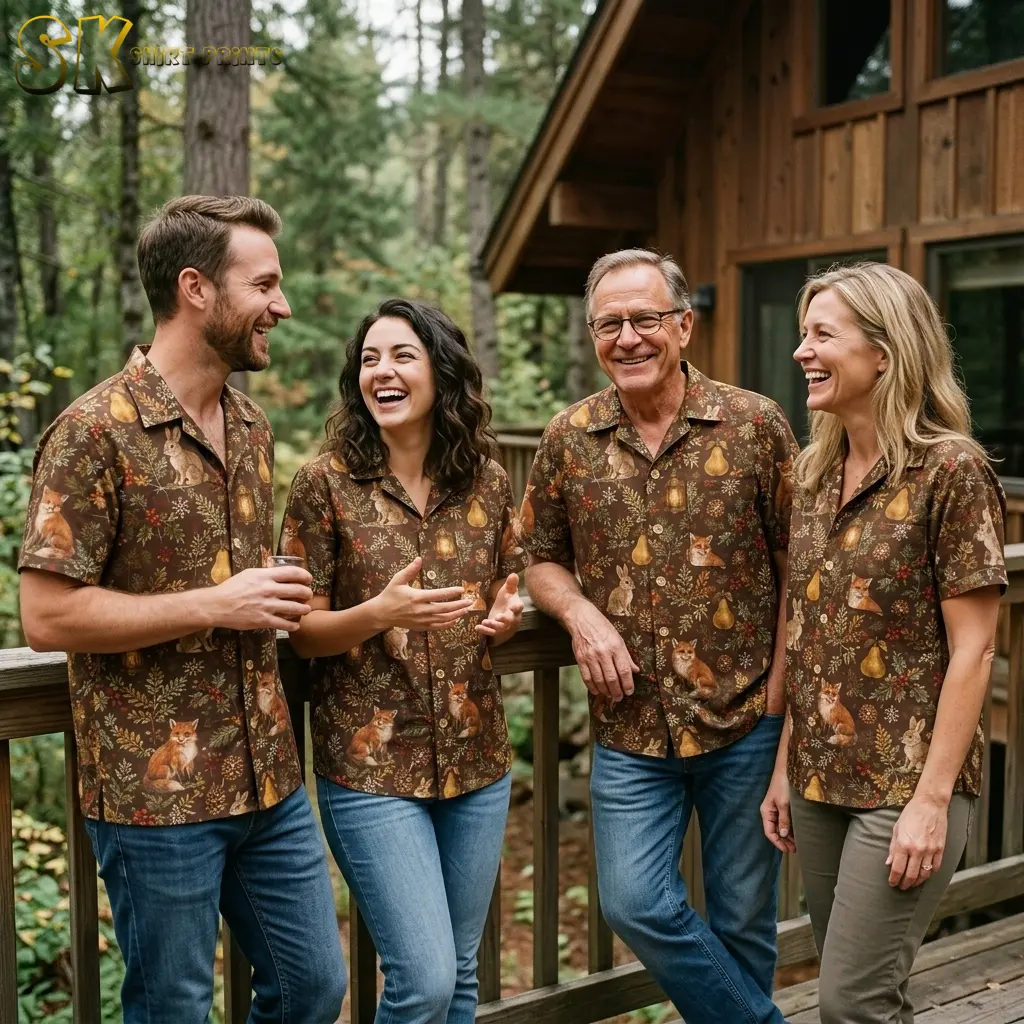 Four adults laugh together on a forest cabin deck, each wearing the same brown mens christmas hawaiian shirt printed with foxes, rabbits, pears, and berry sprigs.