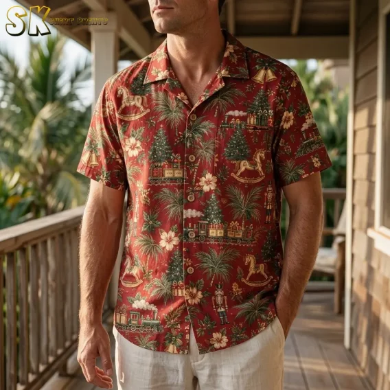 A man wearing a mens christmas hawaiian shirt stands on a covered porch with tropical greenery behind him, the rocking horse and gold bell motifs clearly visible across the chest.