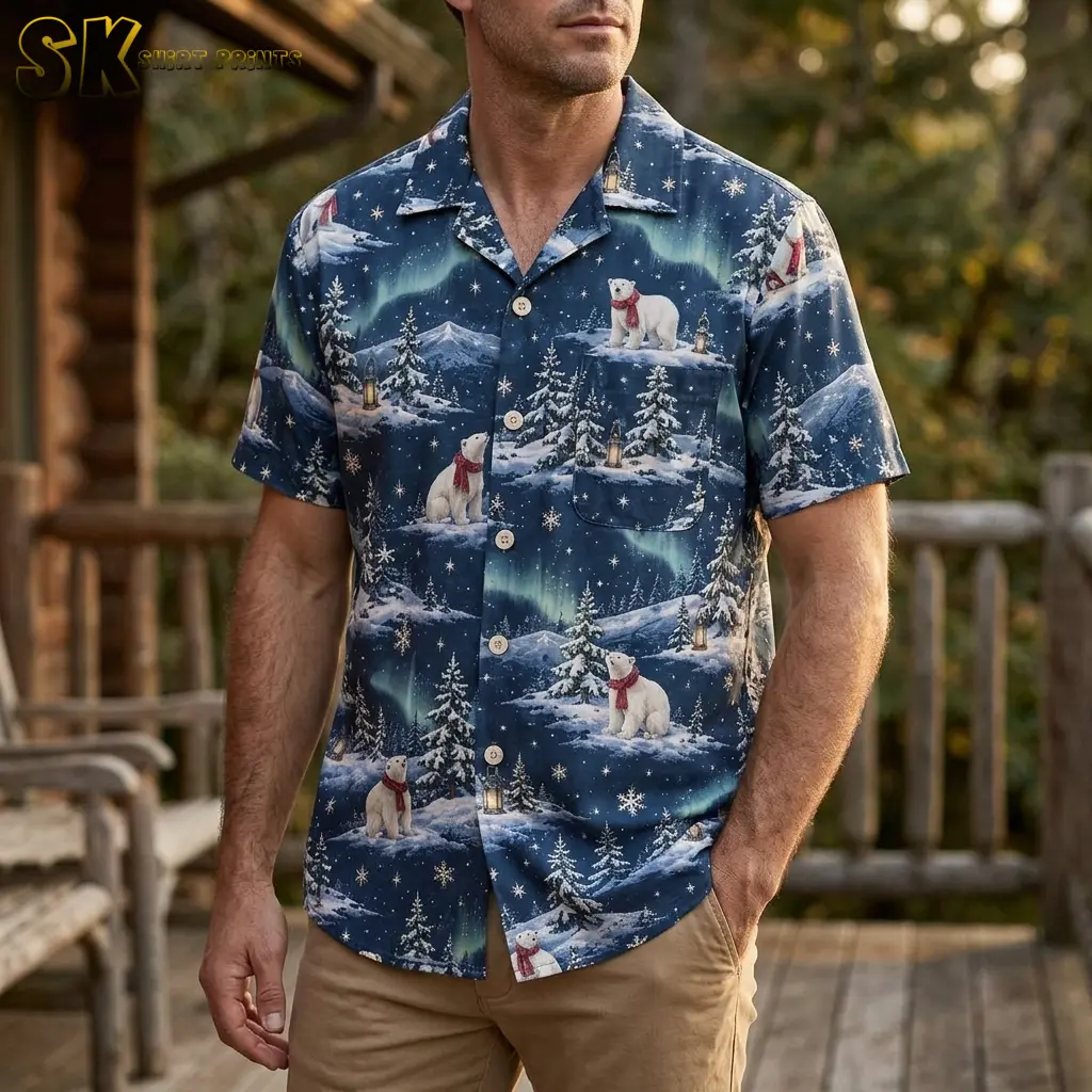 A man stands on a timber deck wearing a mens christmas hawaiian shirt printed with polar bears, glowing lanterns, and aurora-lit snowy pines across the chest.