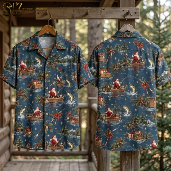 Front and back of a mens christmas hawaiian shirt hang side by side on wooden hangers against a log-cabin wall, with evergreen trees visible in the background and the full repeat pattern showing on both panels.