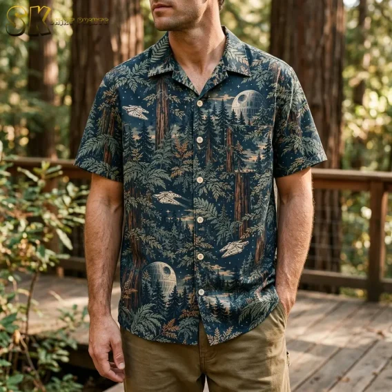 A man wearing a men's star wars hawaiian shirt stands on a wooden deck surrounded by tall redwood trees, with the Millennium Falcon and Death Star motifs clearly visible across the chest.