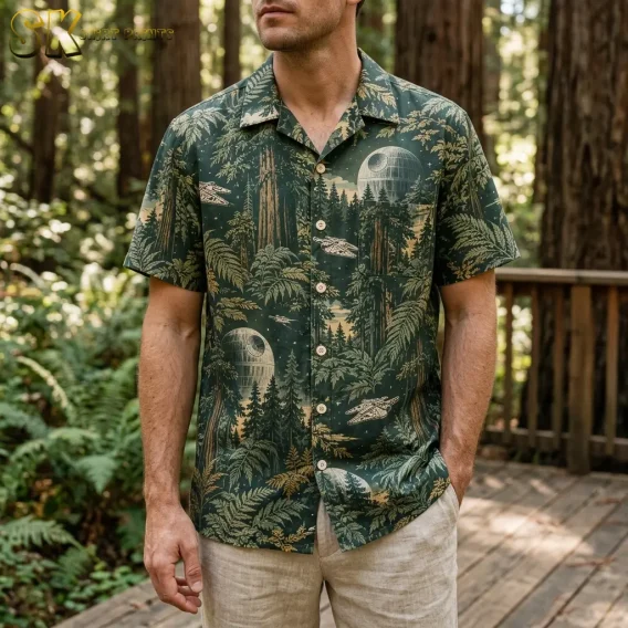 A man wearing a men's star wars hawaiian shirt stands on a wooden deck surrounded by tall redwood trees, with the Millennium Falcon-style ships and Death Star motifs clearly visible across the chest.